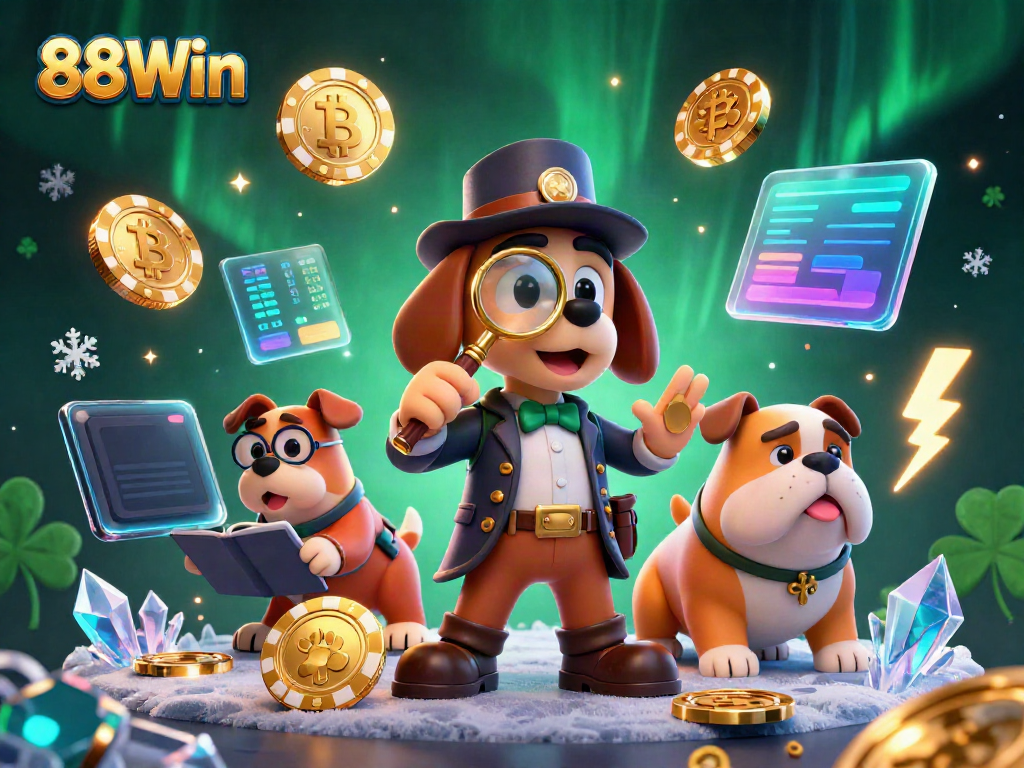 Engage with the exciting world of 88Win as a detective unveils treasure clues in a vibrant casino scene.