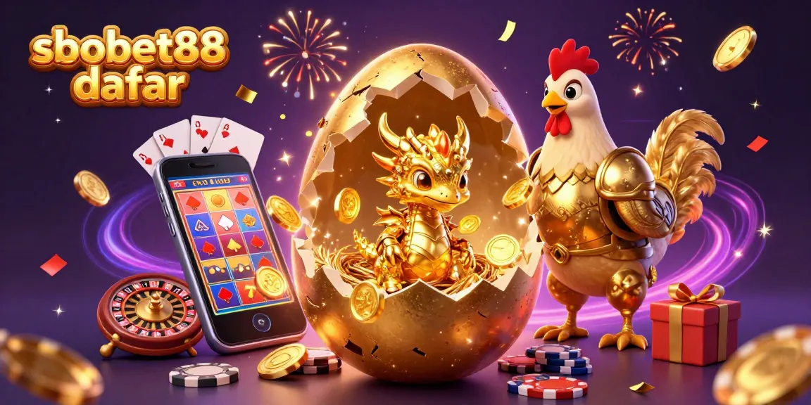 Place your bets with sbobet88 daftar as a stunning golden dragon emerges from the egg, surrounded by poker chips and gaming elements.