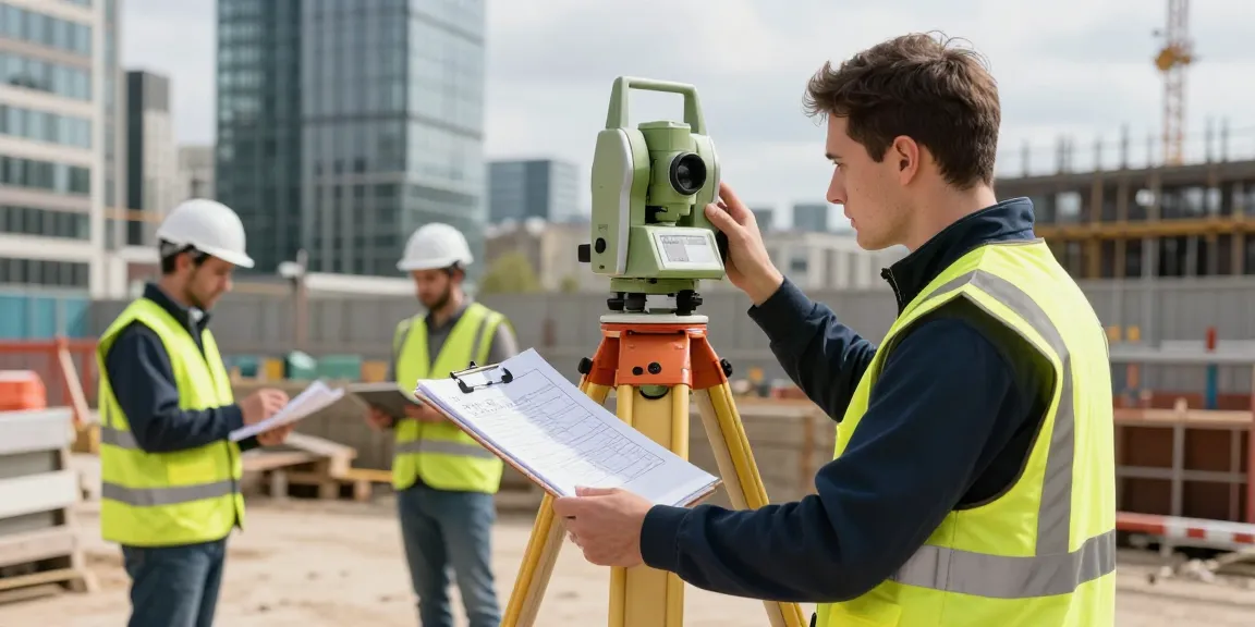 Land surveyors London using total station equipment on construction site in London.