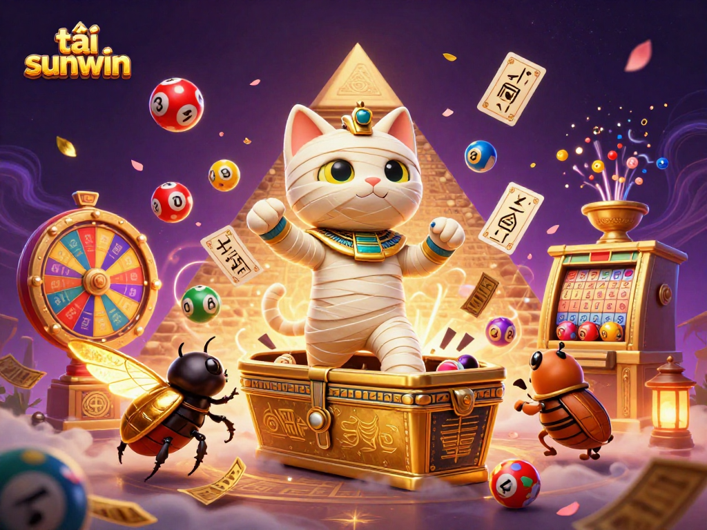 Experience the thrill of tải sunwin with a vibrant 3D casino scene featuring an Egyptian mummy cat and dynamic gambling elements.