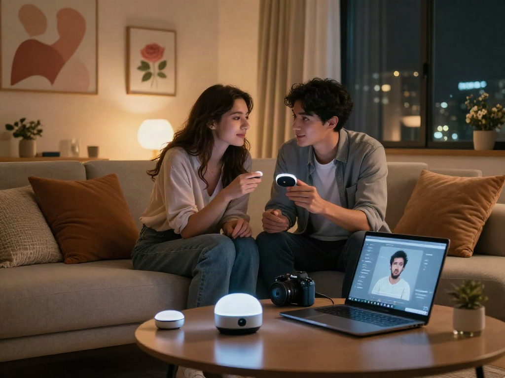 Couple exploring AI sex technology on a cozy couch with romantic atmosphere.