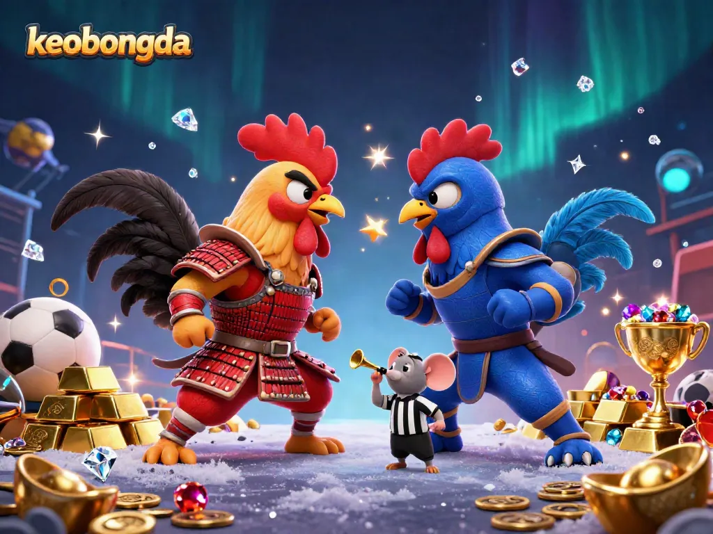 Engage in keobongda sports betting with dramatic cartoon roosters standoff amid gold and gems.