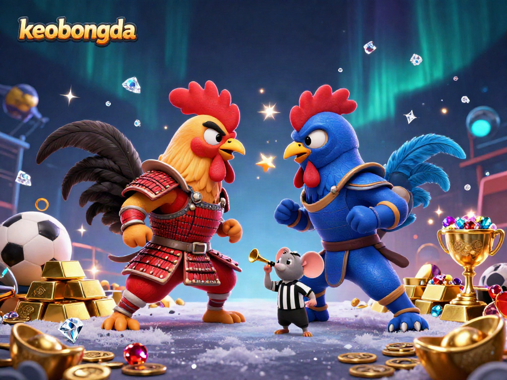 Engage in keobongda sports betting with dramatic cartoon roosters standoff amid gold and gems.