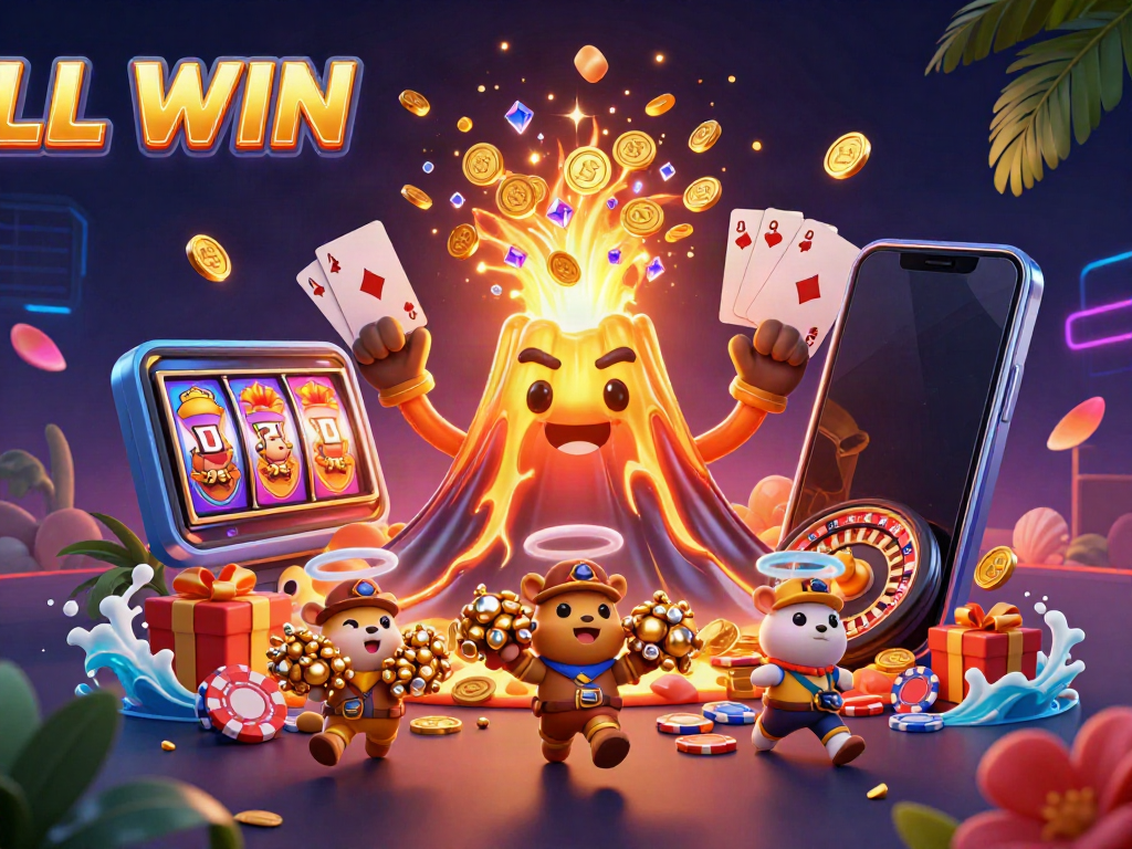 Enjoy thrilling gameplay with LL WIN featuring a triumphant golden volcano and cartoon explorers among treasures.
