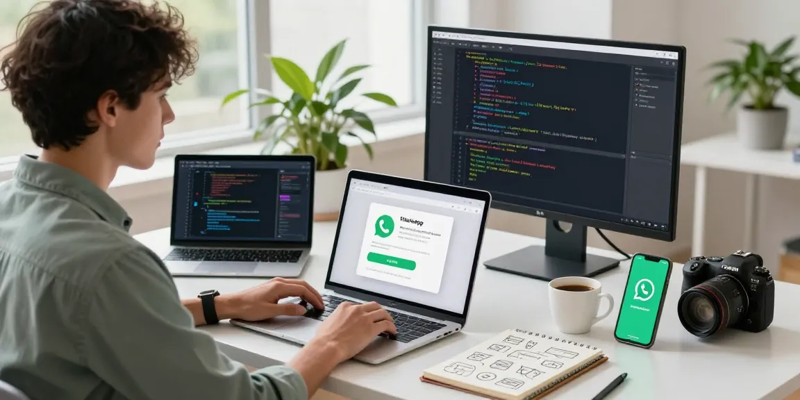 Seamless WhatsApp下載 setup on modern desk with devices and notes.