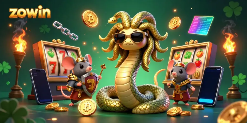 Join the fun with Medusa and a warrior mouse in a vibrant casino scene featuring Zowin elements.