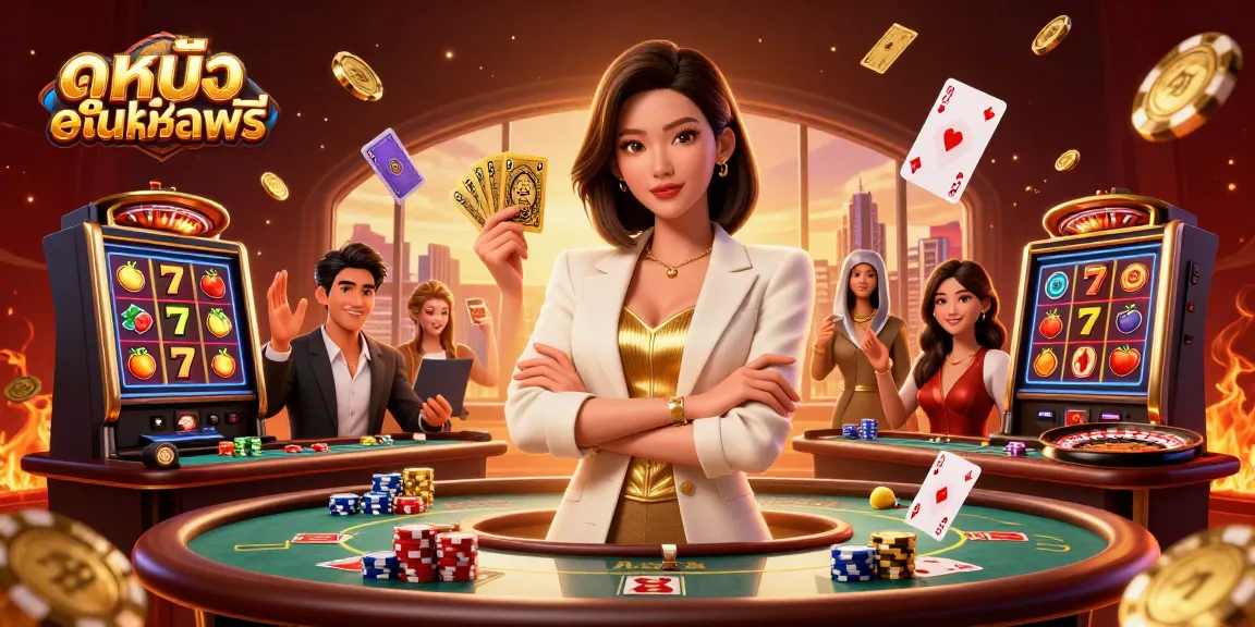 Experience the thrill of ดูหนังออนไลน์ฟรี with a powerful Asian businesswoman holding golden cards in a vibrant casino scene.