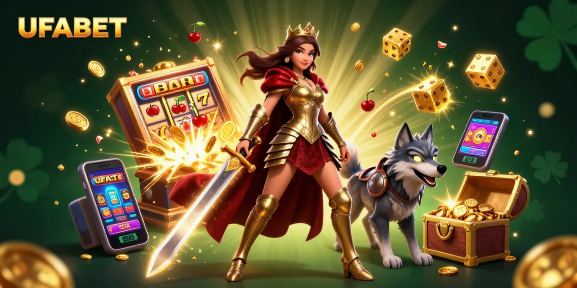 Experience winning at UFABET with a warrior queen and her wolf companion amidst a casino explosion.