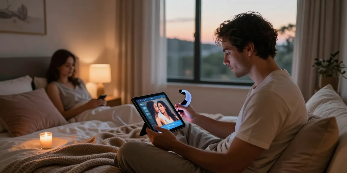 Couple using AI sex technology to enhance intimacy in a cozy bedroom.