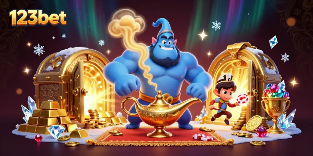 Experience 123bet's thrilling casino world with a vibrant 3D scene featuring a genie and treasures.