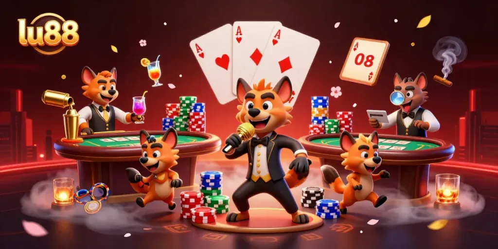Experience the lively atmosphere of lu88 casino with a comedic stand-up show in a vibrant 3D setting.
