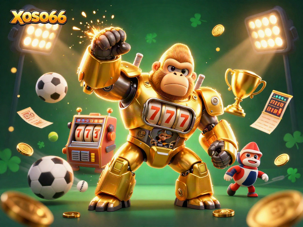 Engage in thrilling gameplay with XOSO66: dynamic scene featuring golden gorilla mech amidst sports action.