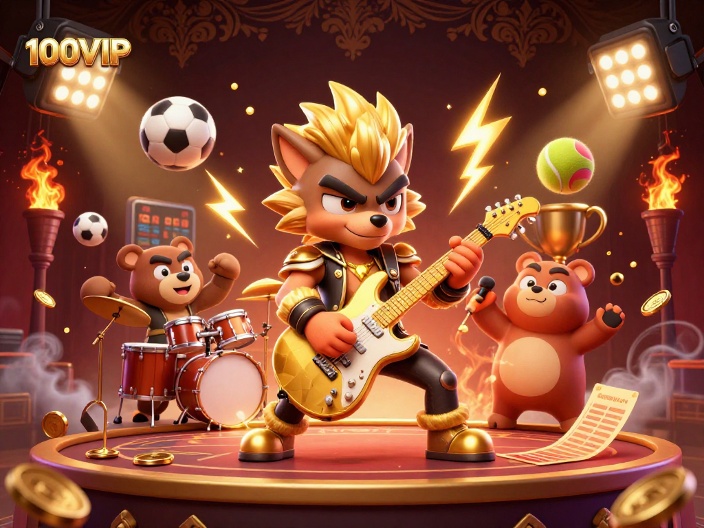 Engage in thrilling activities at 100VIP casino featuring a rock star wolf and exciting sports elements.