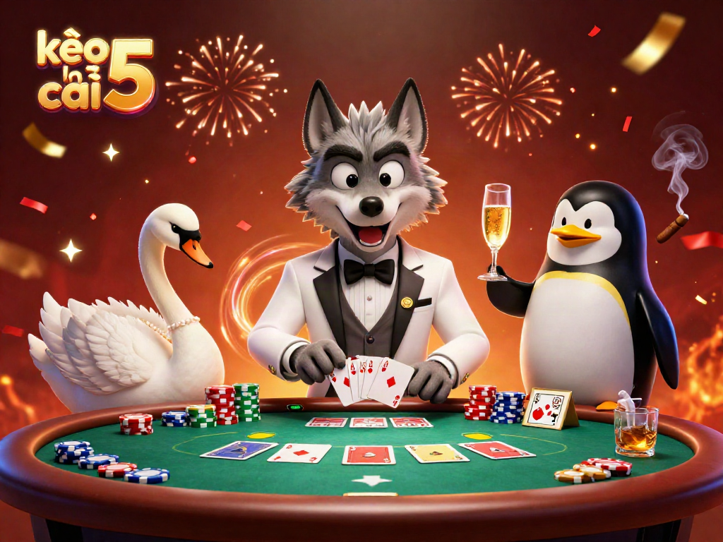 Engage with thrilling gameplay at kèo nhà cái 5, featuring an upscale scene with a debonair wolf, elegant swan, and sophisticated sommelier.